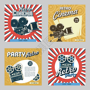 套四张海报矢量插图复古电影院复古派描绘了个老式的胶卷相机卷轴卷轴录音机背景图片