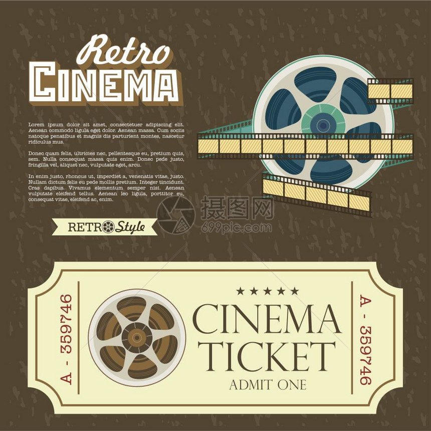 老式电影票矢量海报复古电影院与文字的地方老式胶卷卷轴,矢量标志图片