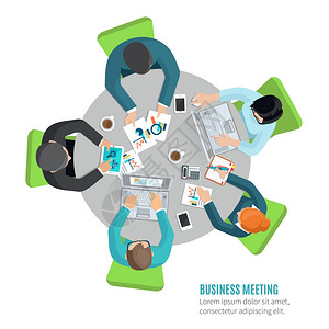 商务会议的与顶部视图的人坐办公室桌子平矢量插图商务会议公寓图片