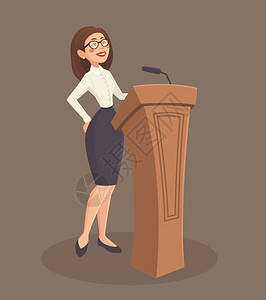 演讲者女插图扬声器女人与立场麦克风棕色背景卡通矢量插图图片