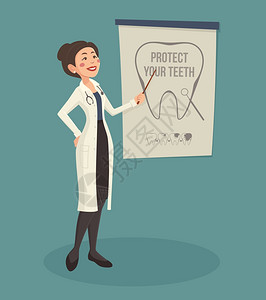 医生扬声器插图女医生扬声器与牙科海报指针卡通矢量插图背景图片