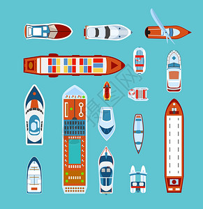 地中海邮轮图船舶顶部视图平图标各种船舶船只类型的水景与邮轮抽象矢量插图插画