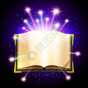 打开书与空白床单闪亮的魔法火花矢量插图魔法书插图图片
