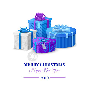 蓝色包诞明信片与彩色蓝色礼品盒矢量插图五颜六色的礼品盒插画