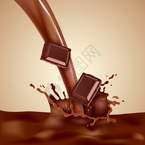 牛奶可可巧克力牛奶插图甜巧克力牛奶与巧克力碎片飞溅的现实矢量插图插画