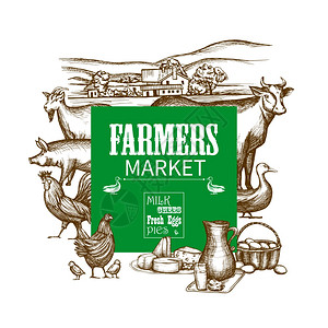 农场市场邀请框架与手绘动物食物矢量插图农场市场框架图片