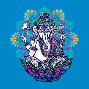 大象神印度教神Ganesha用华丽的彩色曼陀罗背景上手绘矢量插图加尼莎华丽的曼陀罗插画