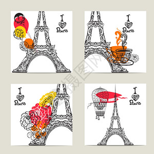 巴黎卡片集与手绘花卉装饰埃菲尔铁塔孤立矢量插图巴黎卡套图片