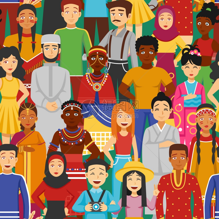 无缝插图种族与亚洲阿拉伯欧洲人民平无缝隙的插图图片