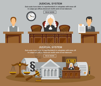 审判法律水平横幅与司法系统元素孤立矢量插图法律横幅插画