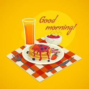 刀盘早餐理念与早安愿望早餐与杯橙汁盘煎饼早上好许愿矢量插图插画
