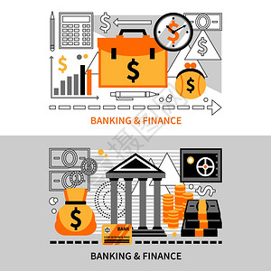 金融水平横幅平水平横幅的金融与硬币卡美元标志矢量插图图片