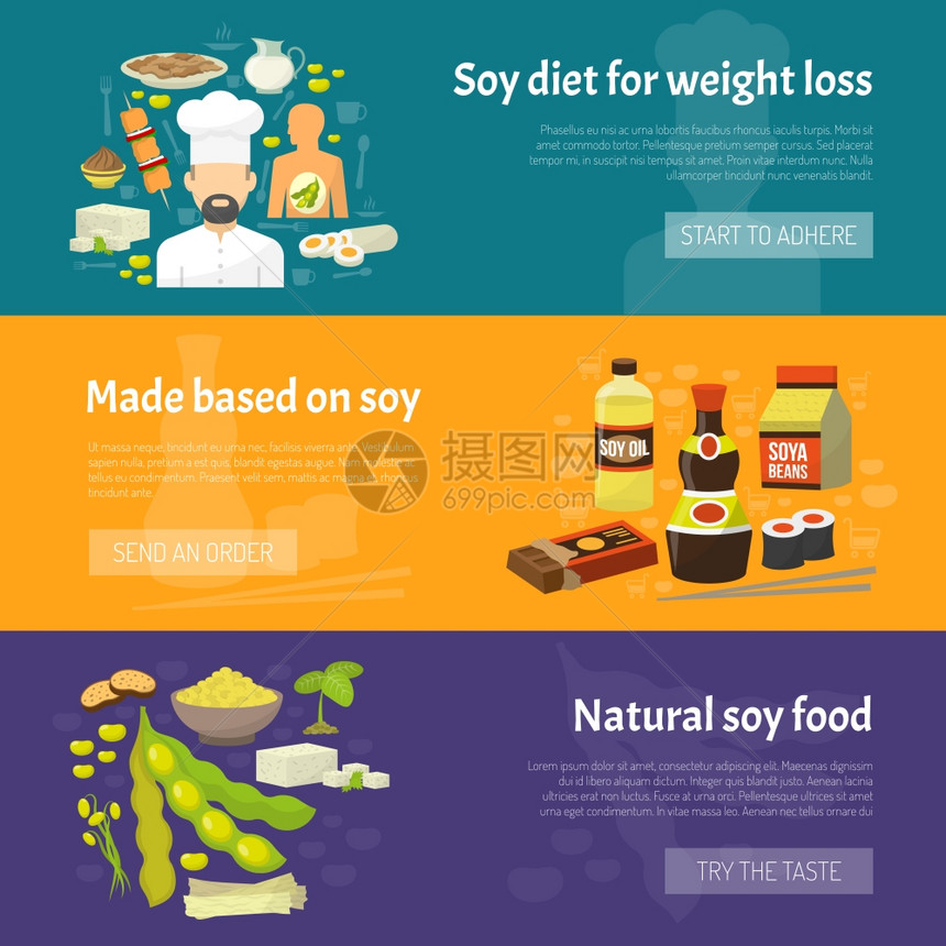 大豆横幅套大豆食品水平横幅与天然饮食产品分离矢量插图图片