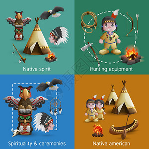 美洲土著图标美洲土著图标与人民族服装生活方式元素矢量插图图片