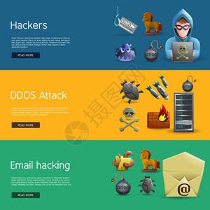 黑客活动横幅带黑客活动图标DDoS攻击计算机系统电子邮件黑客矢量插图的水平横幅背景图片