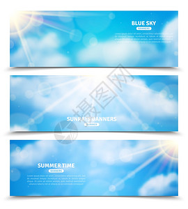 太阳云层,天空横幅蓝天与阳光波谷云三水平夏季时间横幅抽象孤立矢量插图图片