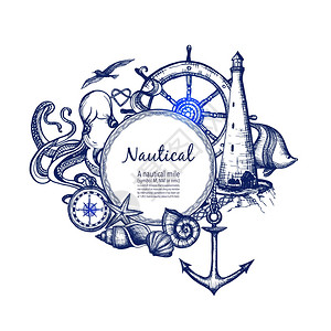 航海海洋构图图标涂鸦航海符号成涂鸦与锚罗经灯塔蓝色海洋抽象矢量插图图片