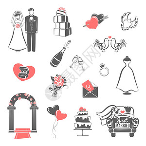 结婚图素材婚礼黑色红色图标传统婚礼两种颜色图标订婚夫妇新娘派配件抽象孤立矢量插图插画