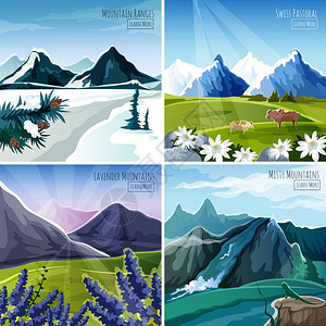 瑞士阿尔卑斯山风景山景集与花卉动物图标孤立矢量插图山脉景观插画