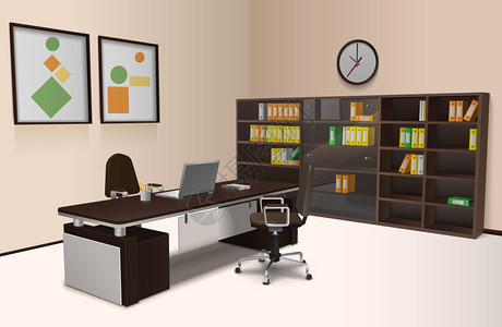 现实的办公室内部现实的办公室内部与工作桌椅书架三维矢量插图成功高清图片素材