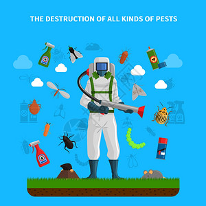 害虫防治与昆虫灭绝者剪影平矢量插图虫害控制的图片