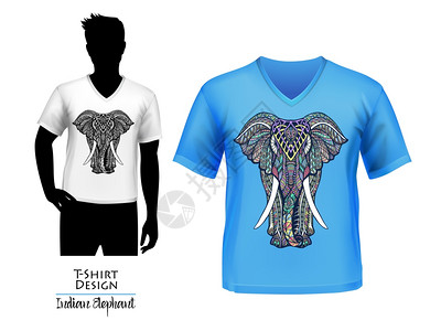 t恤上印印度大象涂鸦T恤横幅印度纪念品T恤,大象象征权力好运,白色蓝色涂鸦矢量插图插画