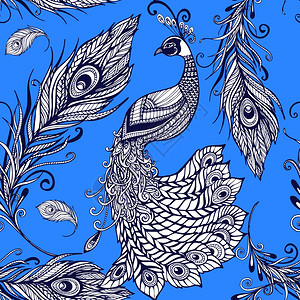 孔雀鸟羽毛无缝背景图案装饰风格的孔雀鸟羽毛无缝瓷砖艺术图案与蓝色背景涂鸦抽象矢量插图背景图片