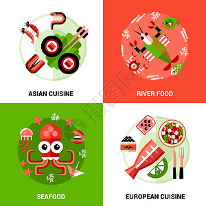 海鲜理念集的海鲜河食品亚洲欧洲菜肴的卡通风格矢量插图图片