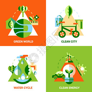 生态集生态理念集绿色世界清洁城市与能源与水循环平矢量图图片
