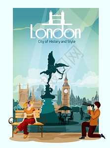 伦敦海报插图伦敦海报与人著名的旅游地标的背景矢量插图背景图片