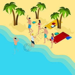 海滩插图上的朋友朋友们海滩上用棕榈树沙子海洋等距矢量插图图片