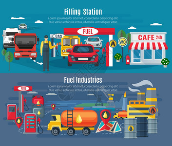 加油站横幅加油站水平横幅与汽车卡车咖啡馆平隔离矢量插图图片