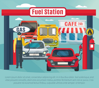 加油站背景图加油站背景与燃料工人汽车咖啡馆平矢量插图图片