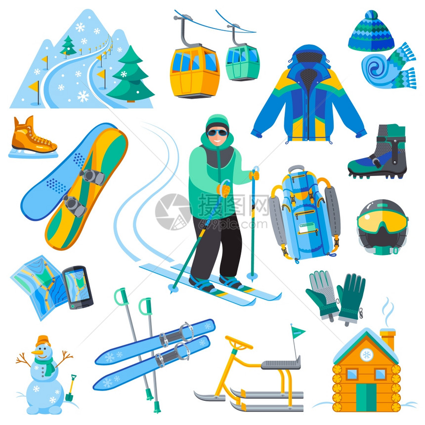 滑雪胜地的图标滑雪胜标与冬季运动设备隔离矢量插图图片