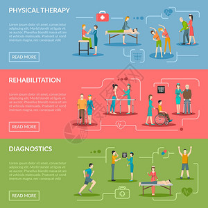 理疗康复横幅理疗水平横幅诊断康复中心与医务人员病人设备平矢量插图背景图片