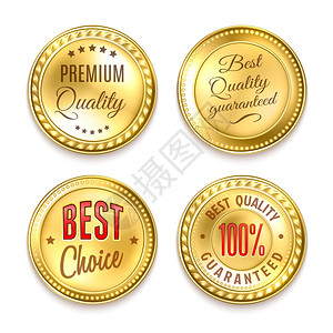 四个金色圆形标签最佳选择质量溢价4轮黄金标签收集现实孤立矢量插图背景图片