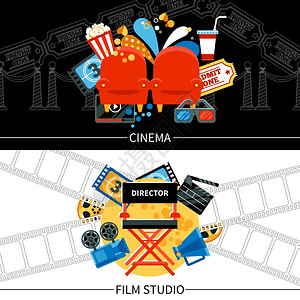 电影横幅电影院水平横幅与电影工作室符号平孤立矢量插图图片