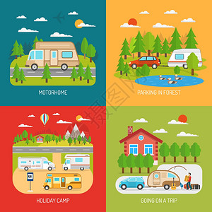 马达家居图标机动家庭图标与旅行停车森林符号平孤立矢量插图图片