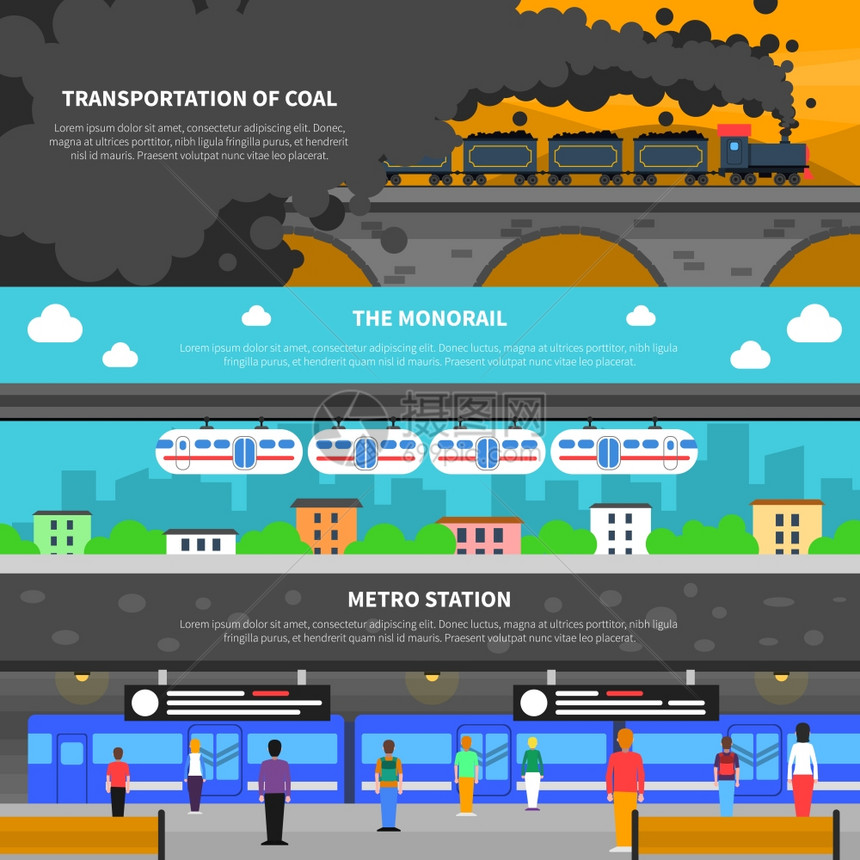 火车横幅套列车水平横幅地铁货物运输货车平要素隔离矢量插图图片