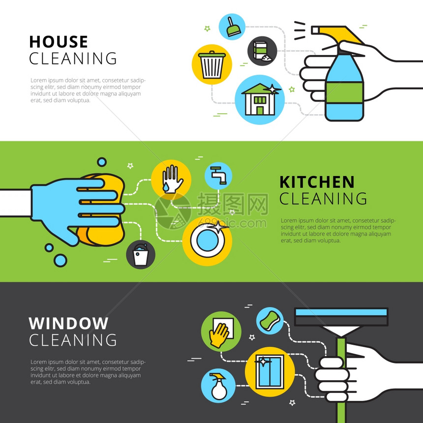 房屋厨房窗户清洁横幅用手洗涤剂工具清洁平水平横幅,用于房屋厨房窗户清洁矢量插图图片