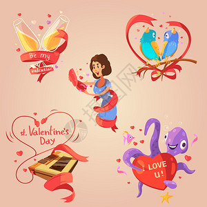 情人节复古卡通套装情人节复古卡通集与爱情祝贺标签孤立矢量插图图片