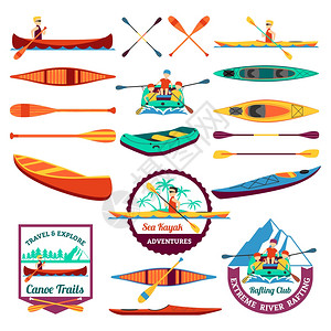 漂流独木舟皮划艇元素独木舟小径漂流俱乐部标志与皮划艇设备元素平图标成抽象孤立矢量插图背景图片