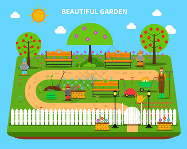 花园插图花园与园丁装饰植物树木矢量插图图片