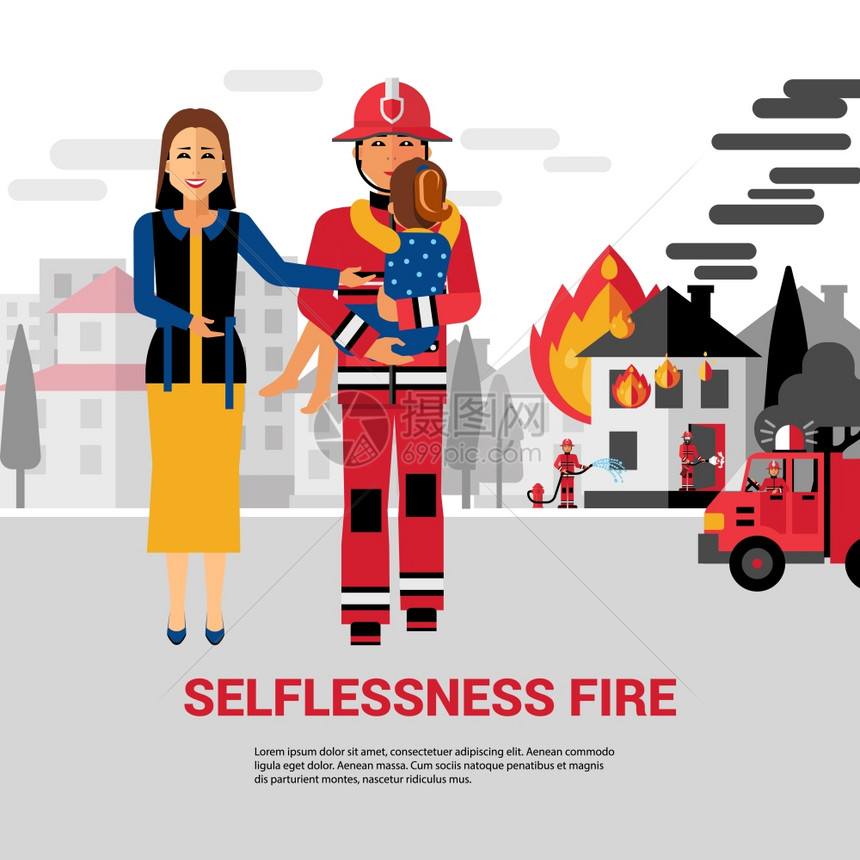 救援儿童矢量插图平矢量插图与燃烧的房子消防车妇女救援儿童图片