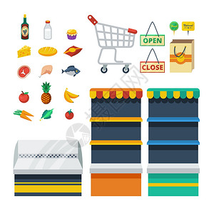 蔬菜价格超市装饰图标收集超市平装饰图标收集与食品购物车商店货架纸袋隔离矢量插图插画