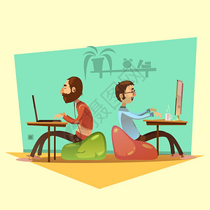 合作卡通集插图与计算机咖啡黄色背景矢量插图上的座椅工作的卡通集图片
