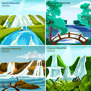 瀑布景观2x2理念瀑布景观2x2理念与高寒北部热带装饰瀑布平矢量插图图片