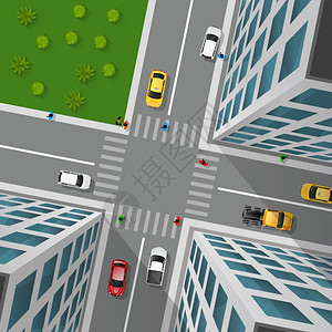 城市街道顶部景观城市街道顶部视图三维与交叉道路汽车建筑标记的行人过路矢量插图背景图片