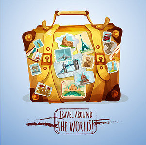 旅游手提箱与世界地标邮票贴纸卡通海报矢量插图带邮票的旅游手提箱假期高清图片素材