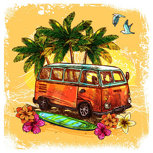 冲浪巴士草图的冲浪嬉皮风格的老式老巴士与冲浪板花卉棕榈素描颜色矢量插图背景图片